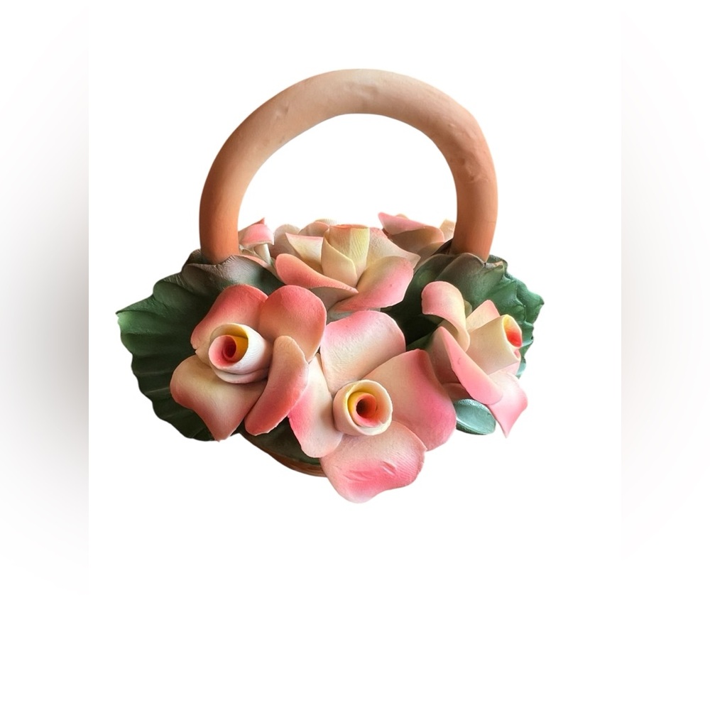 Capodimonte Peach Porcelain Flowers In Basket C.Savastano Italy, vintage.